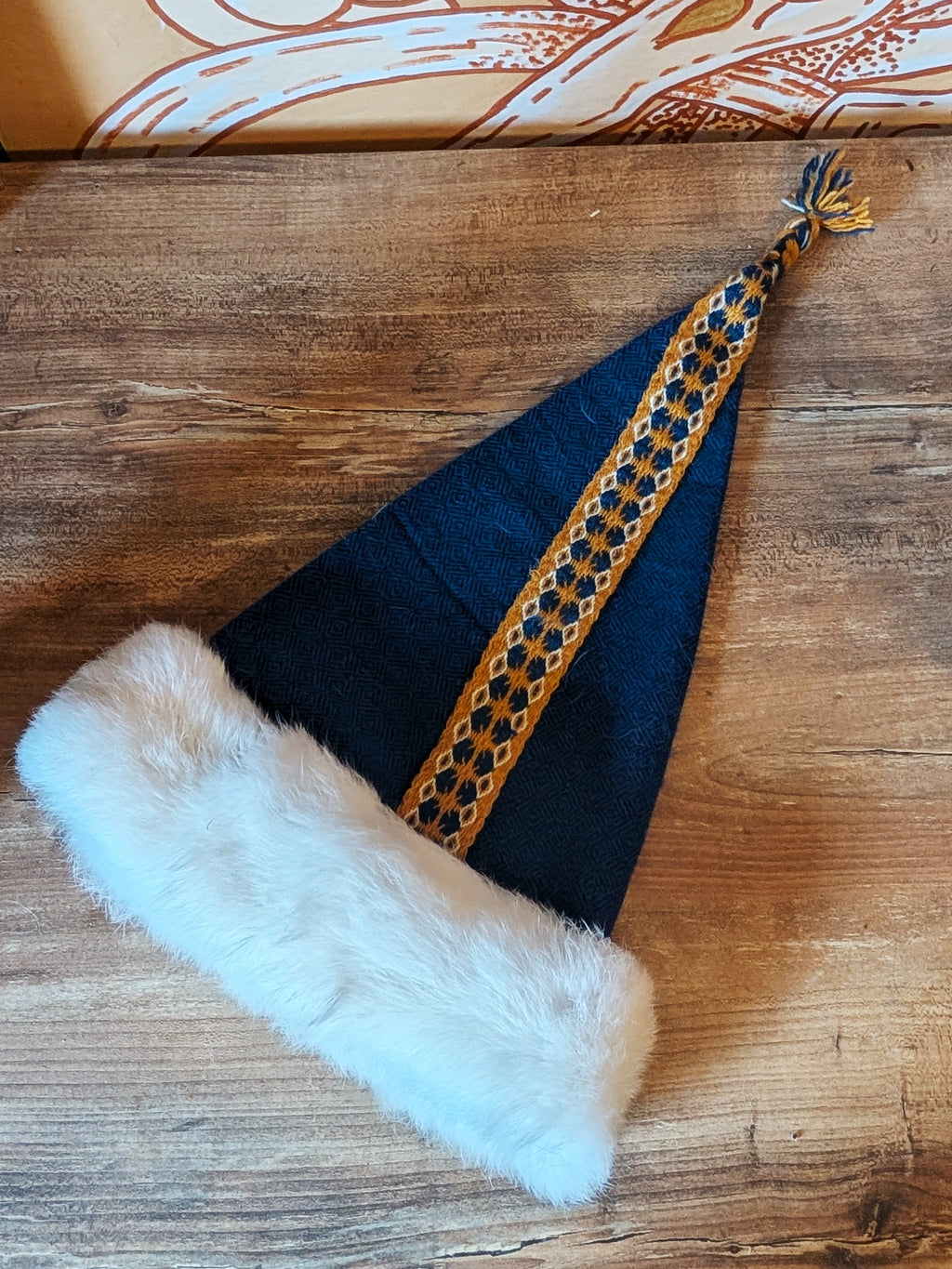 Blaue Mütze aus Schurwolle mit echtem Fell - handgemachte Unikate - Wikinger Rus Zipfelmütze - LARP Mittelalter Accessoires Diamantköper