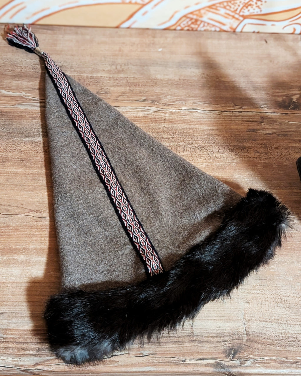 Handgemachte Braungraue Rus Mütze mit Fell - XXL Format - Walkloden Schurwolle Mütze - Larp Reenactor Wikinger Nordic Zipfelmütze - Grau