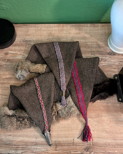 Braun Grau Diamantkörper Rus Mütze mit echtem Fell - Norsische Zipfelmütze - Larp Wikinger Mittelalter - Wollmütze Reenactor und Kostüm