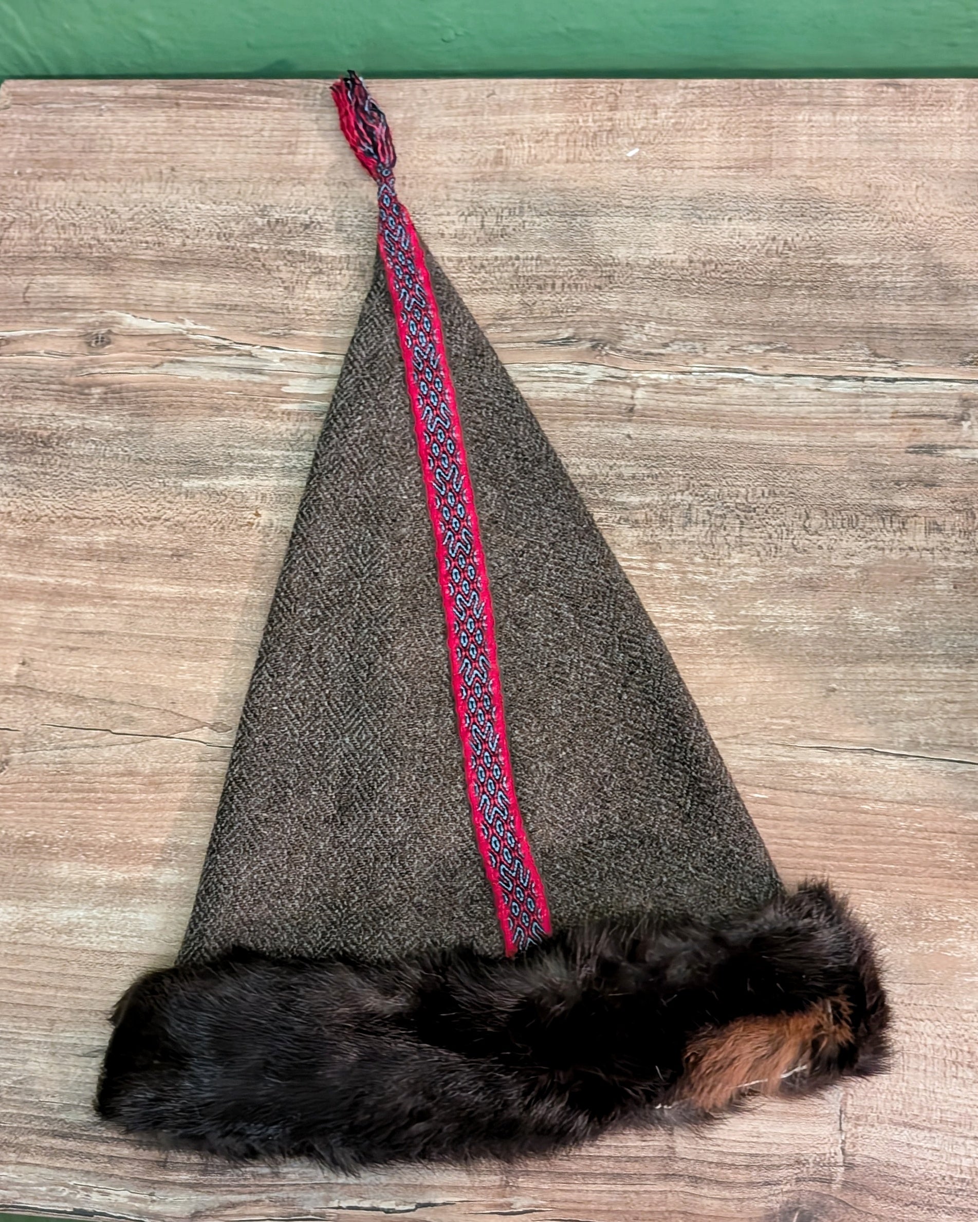 Braun Grau Diamantkörper Rus Mütze mit echtem Fell - Norsische Zipfelmütze - Larp Wikinger Mittelalter - Wollmütze Reenactor und Kostüm