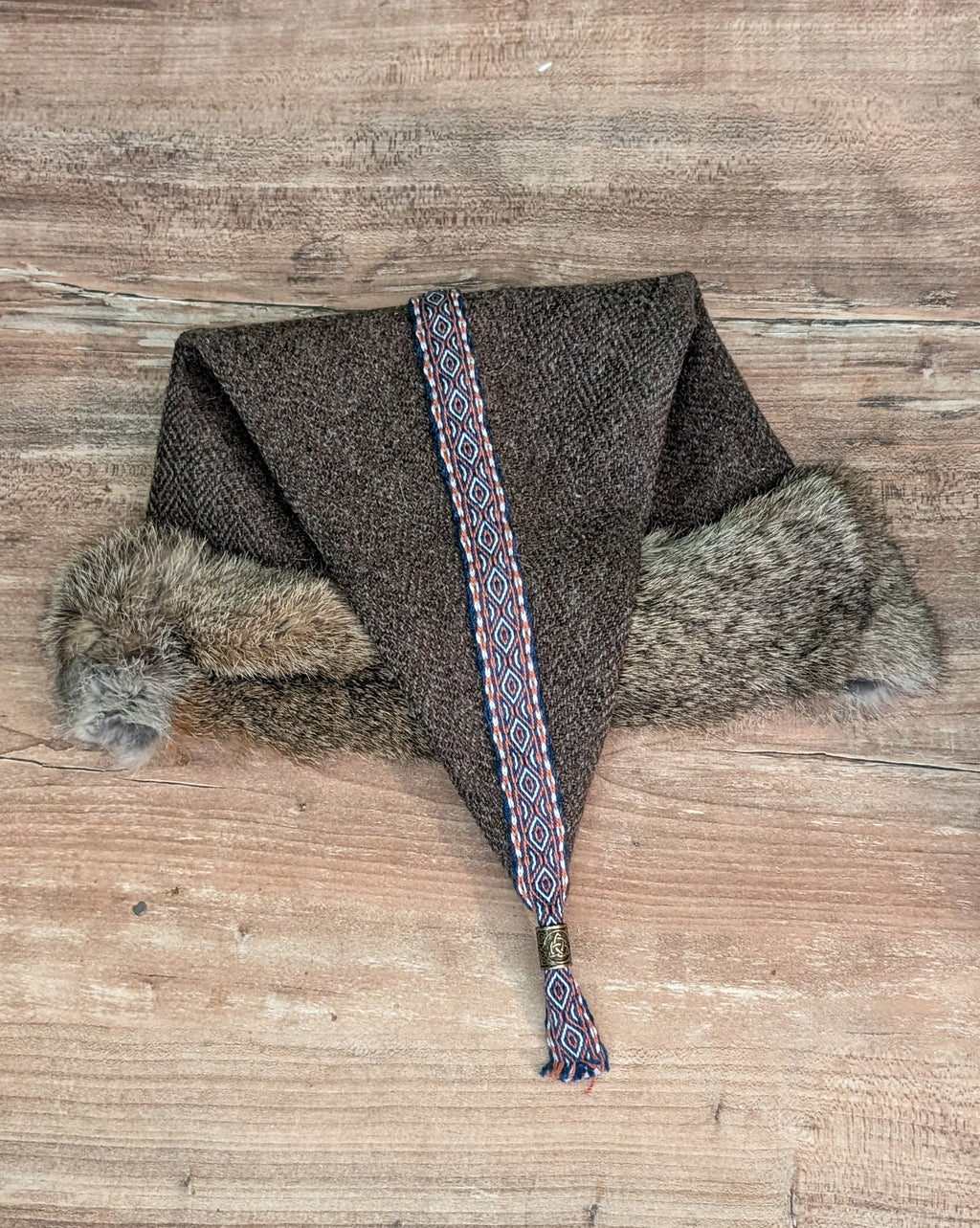 Braun Grau Diamantkörper Rus Mütze mit echtem Fell - Norsische Zipfelmütze - Larp Wikinger Mittelalter - Wollmütze Reenactor und Kostüm
