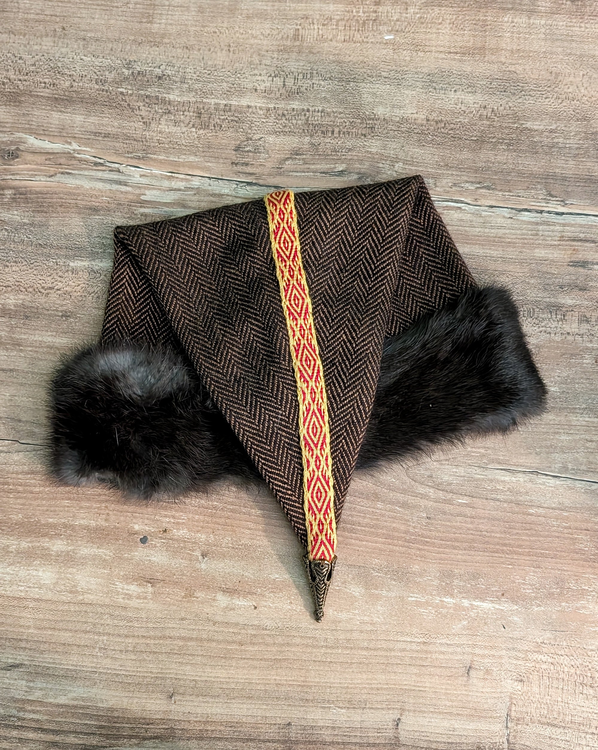 Nordische Zipfelmütze - Rus Hat - Wikingermütze - Heringbone Fischgrät Wollstoff in braun schwarz - Reenactment Larp Vikings Norse - Unikate