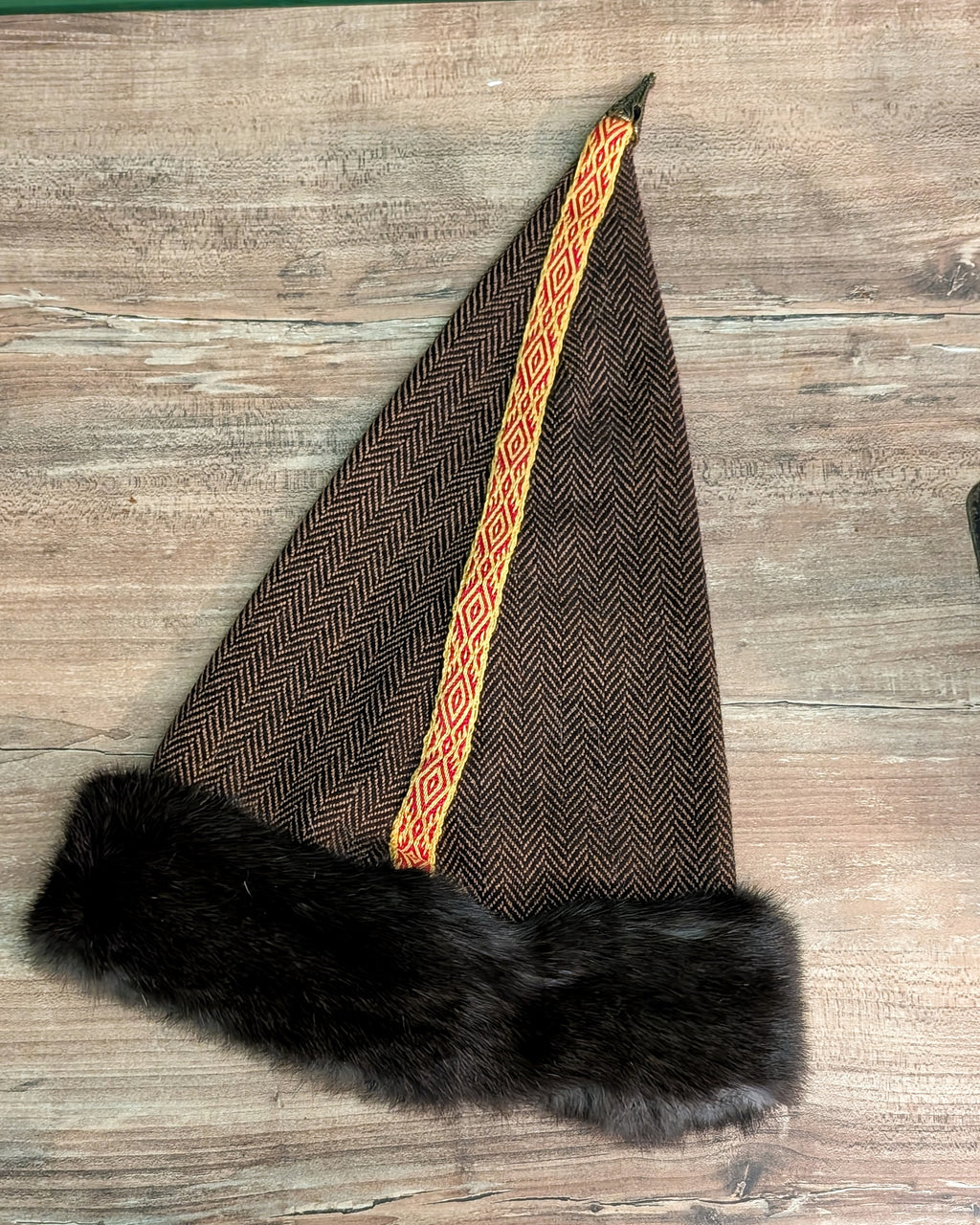 Nordische Zipfelmütze - Rus Hat - Wikingermütze - Heringbone Fischgrät Wollstoff in braun schwarz - Reenactment Larp Vikings Norse - Unikate
