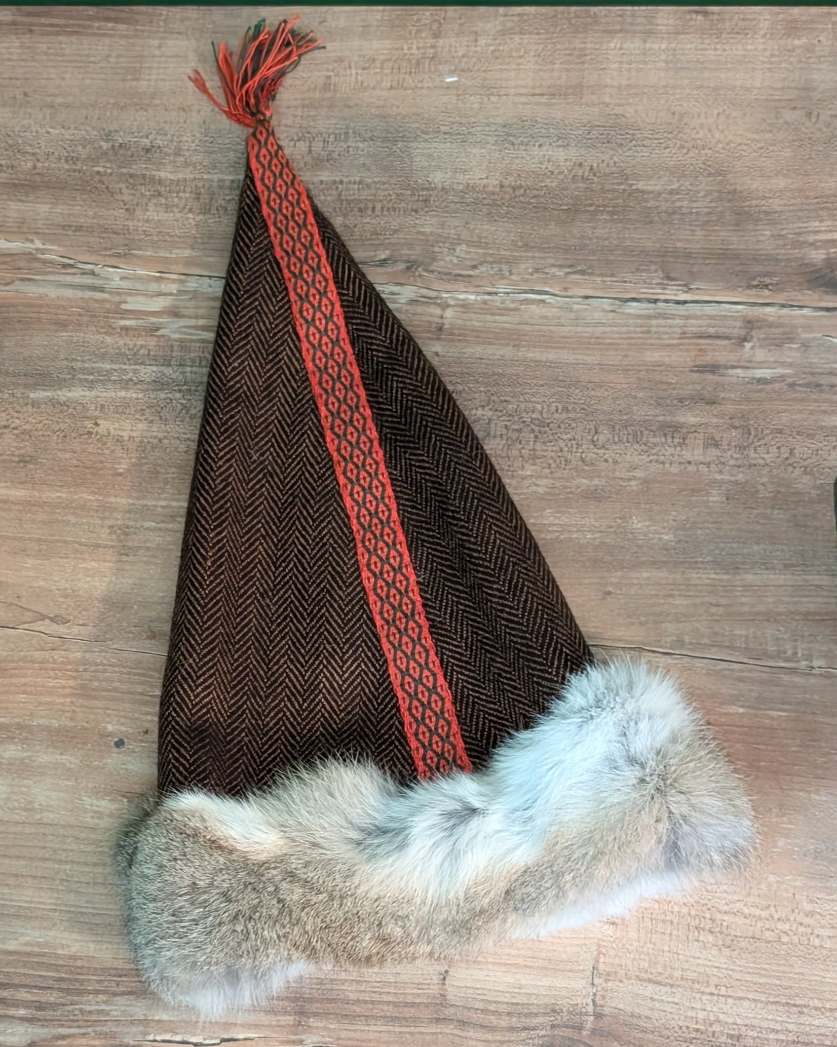 Nordische Zipfelmütze - Rus Hat - Wikingermütze - Heringbone Fischgrät Wollstoff in braun schwarz - Reenactment Larp Vikings Norse - Unikate