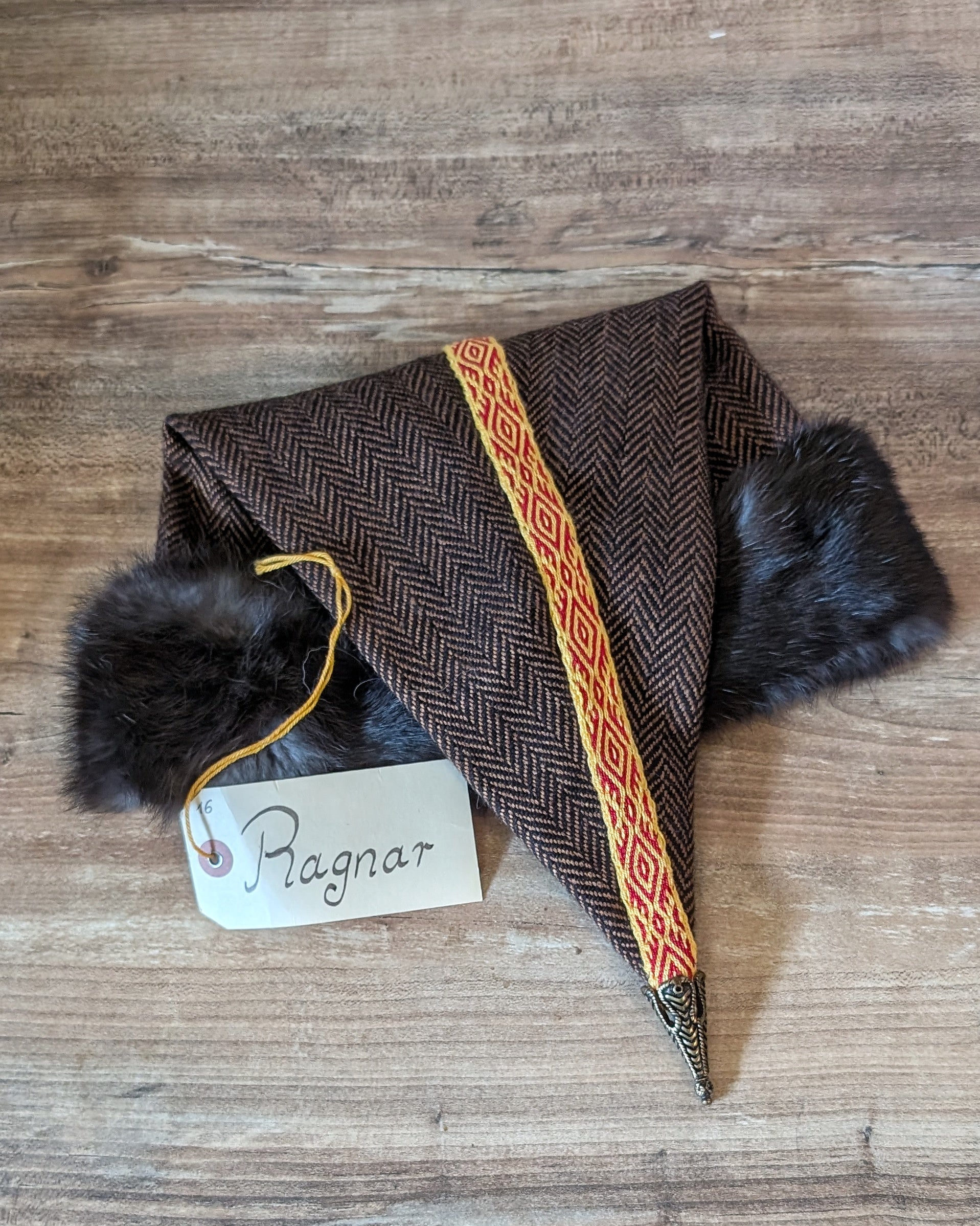 Nordische Zipfelmütze - Rus Hat - Wikingermütze - Heringbone Fischgrät Wollstoff in braun schwarz - Reenactment Larp Vikings Norse - Unikate
