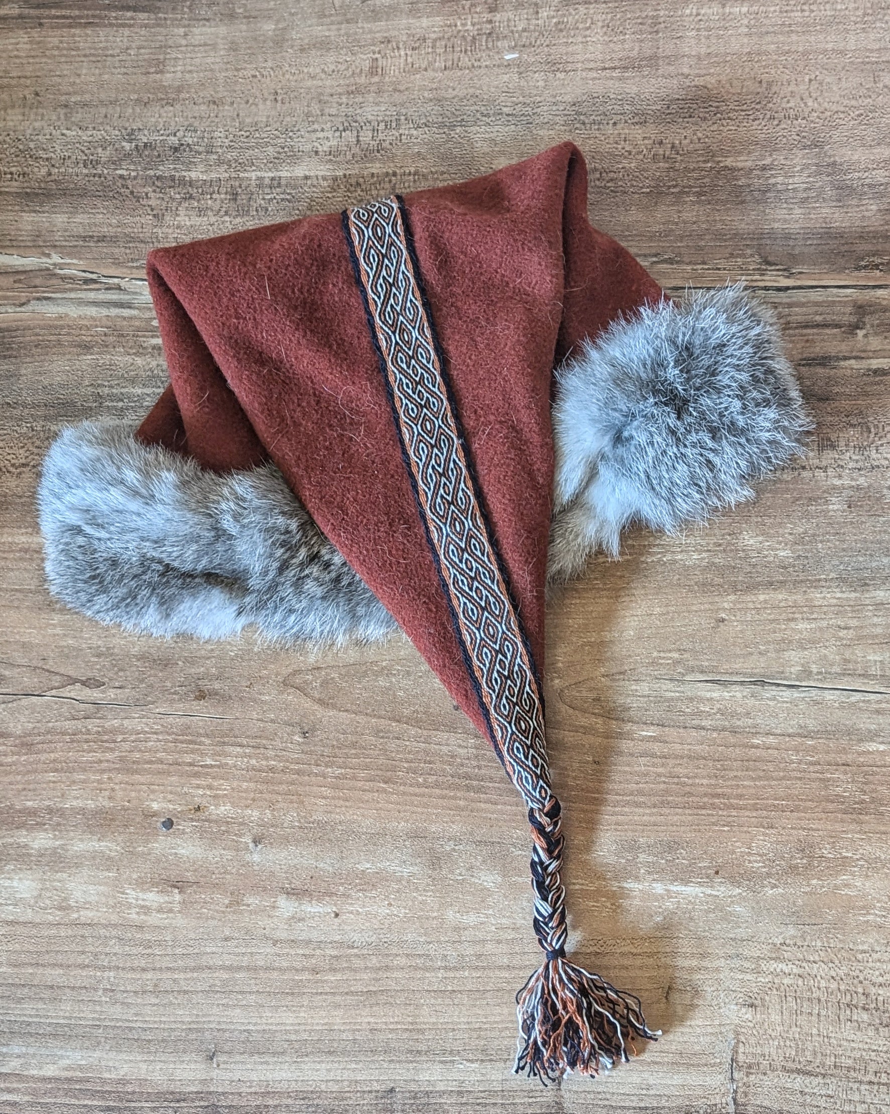 Mütze in rost orange - Russ Mütze - Larp Mittelalter Reenactor Wikinger - Merinowolle Zipfelmütze - nordische Wollmütze mit Fell