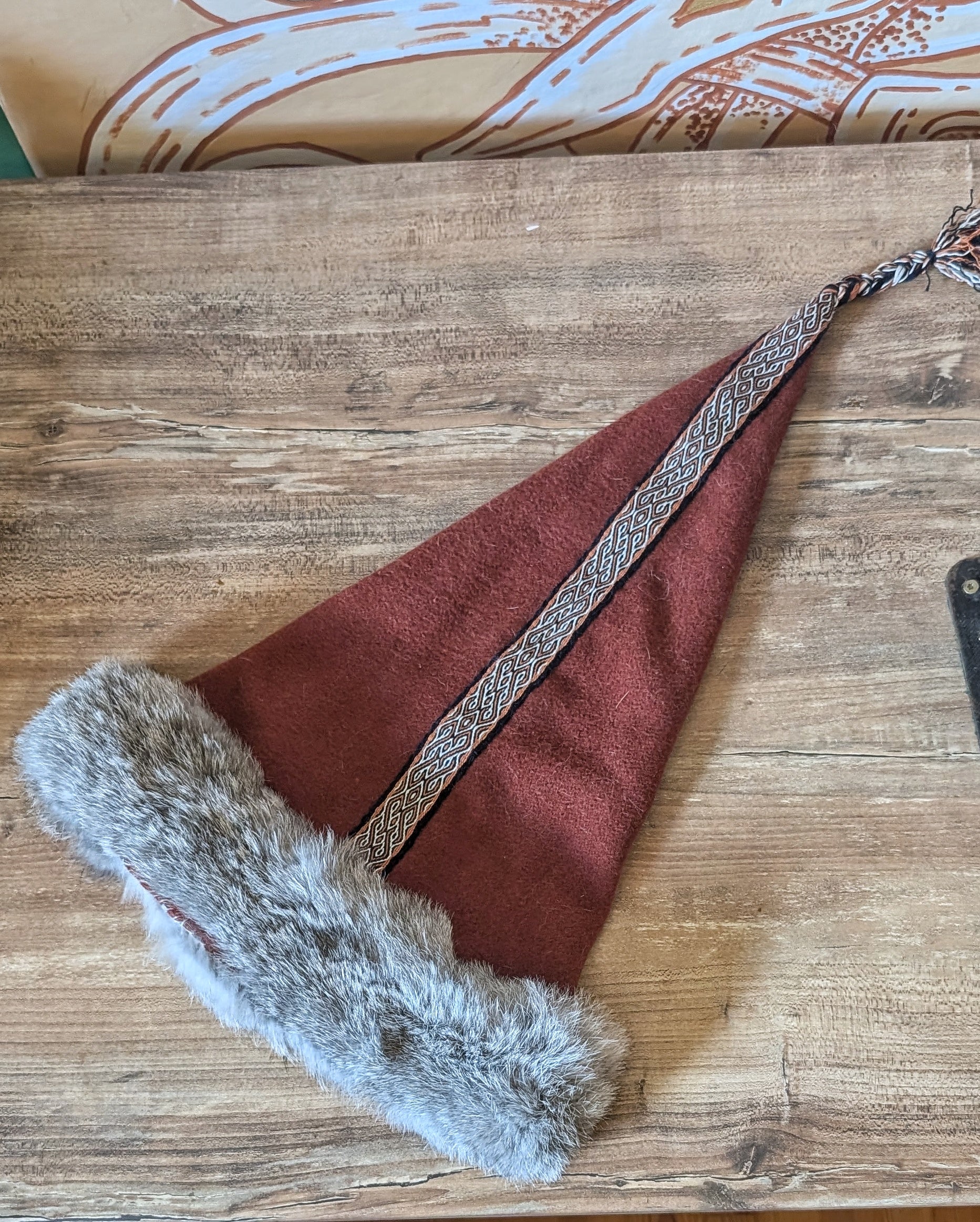 Mütze in rost orange - Russ Mütze - Larp Mittelalter Reenactor Wikinger - Merinowolle Zipfelmütze - nordische Wollmütze mit Fell