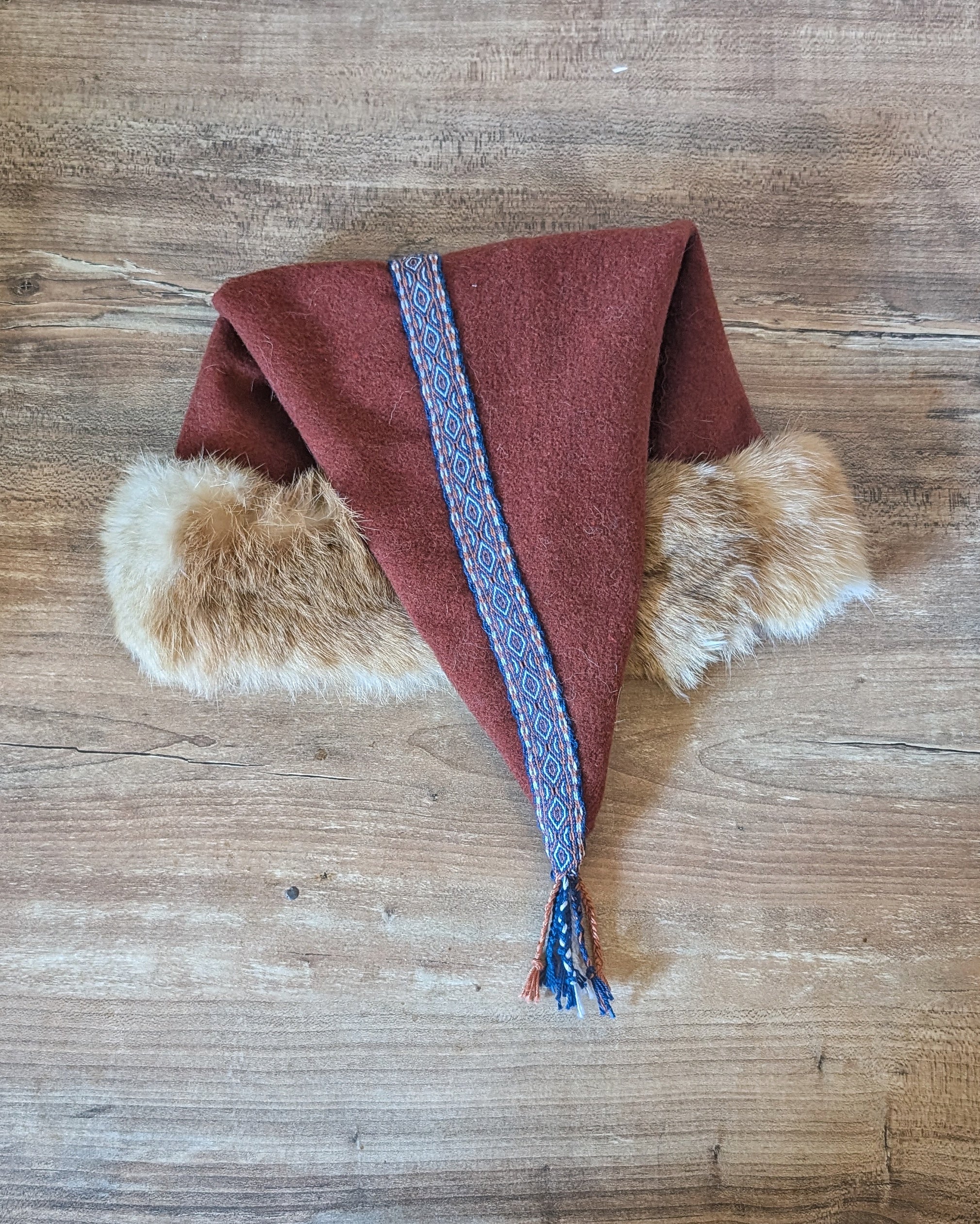 Mütze in rost orange - Russ Mütze - Larp Mittelalter Reenactor Wikinger - Merinowolle Zipfelmütze - nordische Wollmütze mit Fell