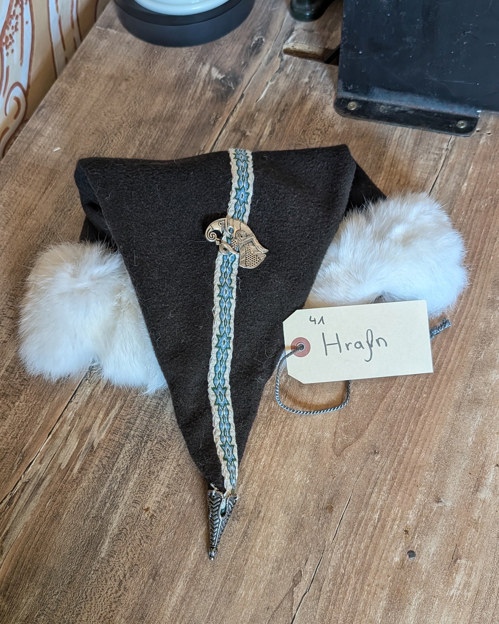 dunkelbraune nordische Zipfelmütze - Rus Mütze mit Fell - Reenactment Mittelalter Larp Wollmütze - Merinowolle Wikinger Kleidung